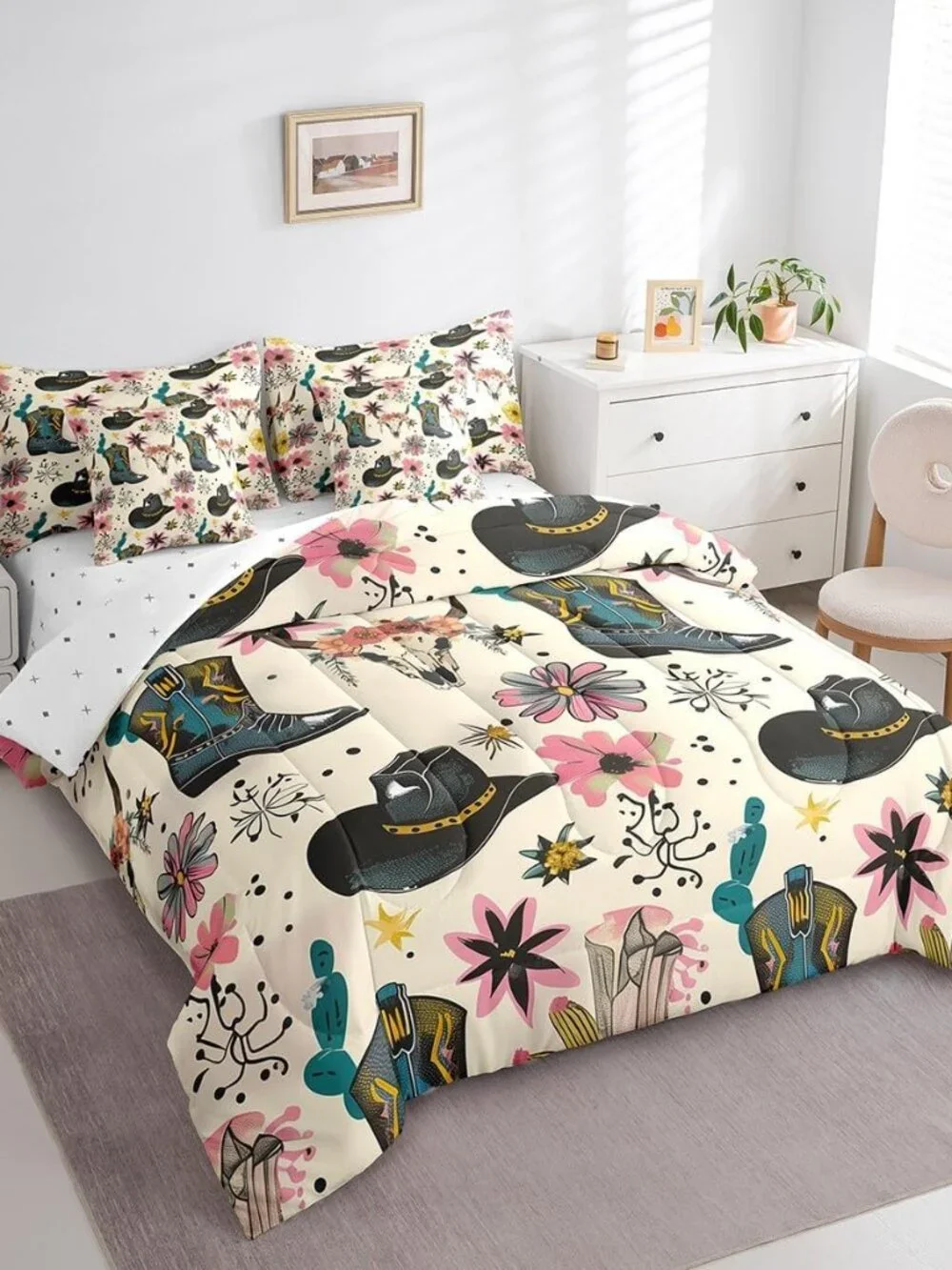 7 Pieces Western Cowboy Comforter Set Twin Size, Cowboy Boots Hat Bedding Set fo
